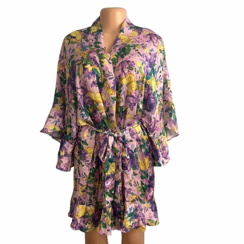 Victoria’s Secret Floral Purple and Yellow Satin Flutter Robe - Picture 2 of 10
